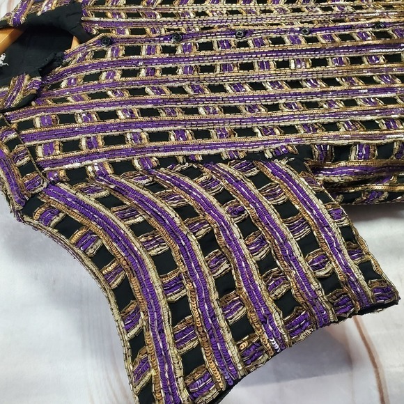 Vintage 80s Silk Beaded Sparkly Black Purple Button Down Blouse Size Medium - Picture 4 of 11